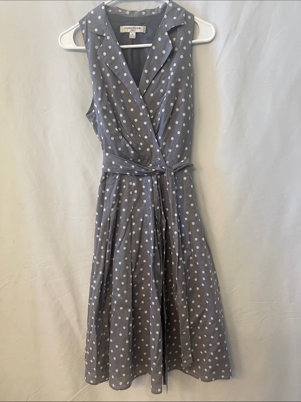 Evan Picone Gray and White Polka Dot Sleeveless Wrap Midi Dress